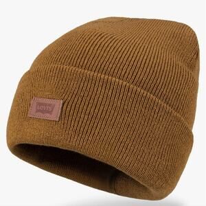 Levi's All Season Comfy Leather Logo Patch Cuffed Hero Beanie Tan